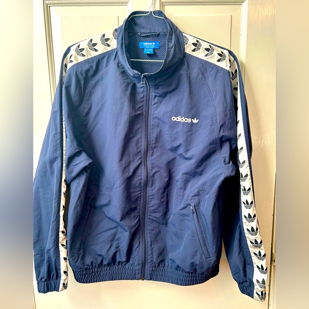 Adidas Navy windbreaker Jacket with White satin accents, size large